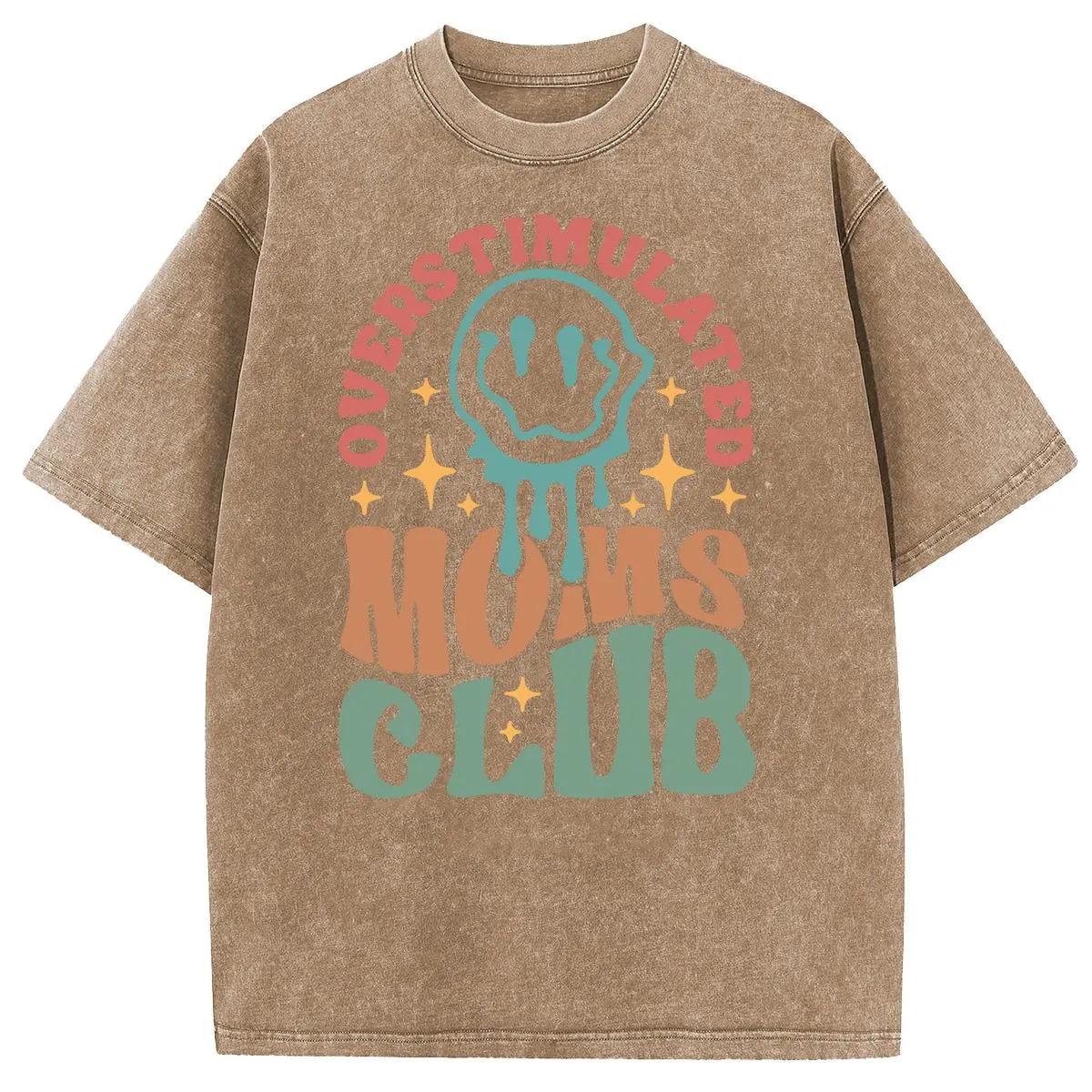 Holafish Mothers Day Gift Acid Washed Oversized VintageMOM'S Club Pattern T-Shirt,MOM'S Day T-shirt Heavyweight Cotton Streetwear graphic vintage Crewneck Tshirt