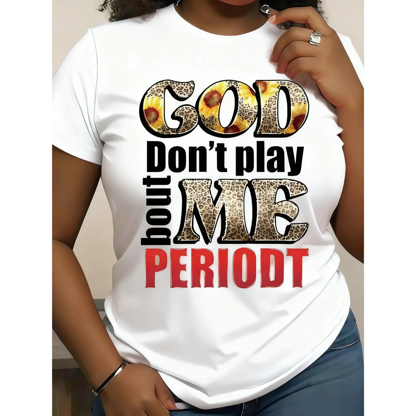 Women's "God Don't Play With Me" Graphic T-Shirt - Bright Yellow Casual Short Sleeve Top, Leopard Print Embellishment, Soft Stretch Fabric, Round Neck Design, Machine Washable, All-Season Comfort, Women's T-Shirt, Bold Letter Print
