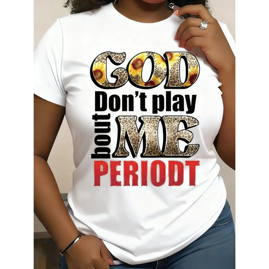 Women's "God Don't Play With Me" Graphic T-Shirt - Bright Yellow Casual Short Sleeve Top, Leopard Print Embellishment, Soft Stretch Fabric, Round Neck Design, Machine Washable, All-Season Comfort, Women's T-Shirt, Bold Letter Print