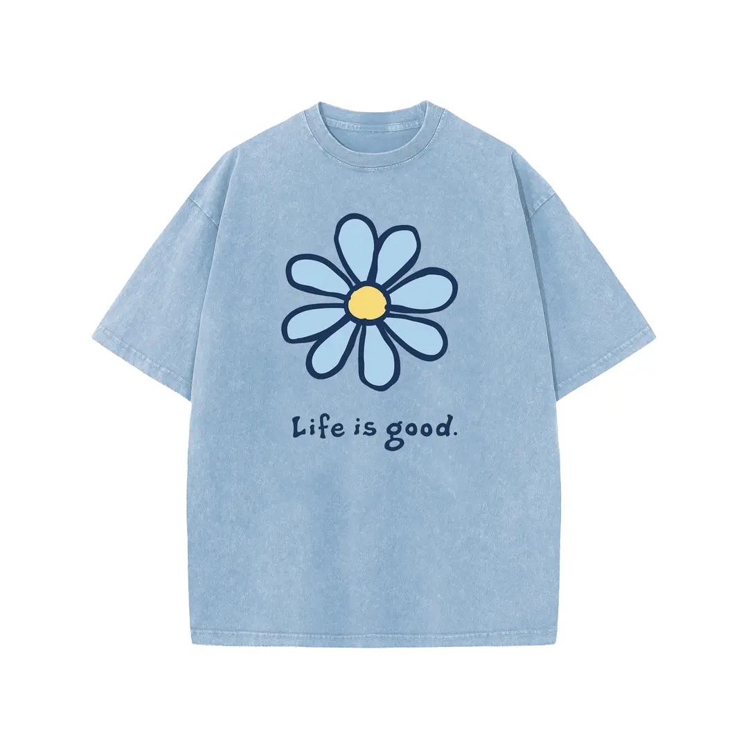 Holafish Womens Daisy, Life Print Graphic Tee, Acid Washed T-Shirt with Drop Shoulder Design, Unisex Baggy Hip Hop Vintage Streetwear Style, Mothers Day Gift