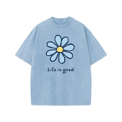 Holafish Womens Daisy, Life Print Graphic Tee, Acid Washed T-Shirt with Drop Shoulder Design, Unisex Baggy Hip Hop Vintage Streetwear Style, Mothers Day Gift