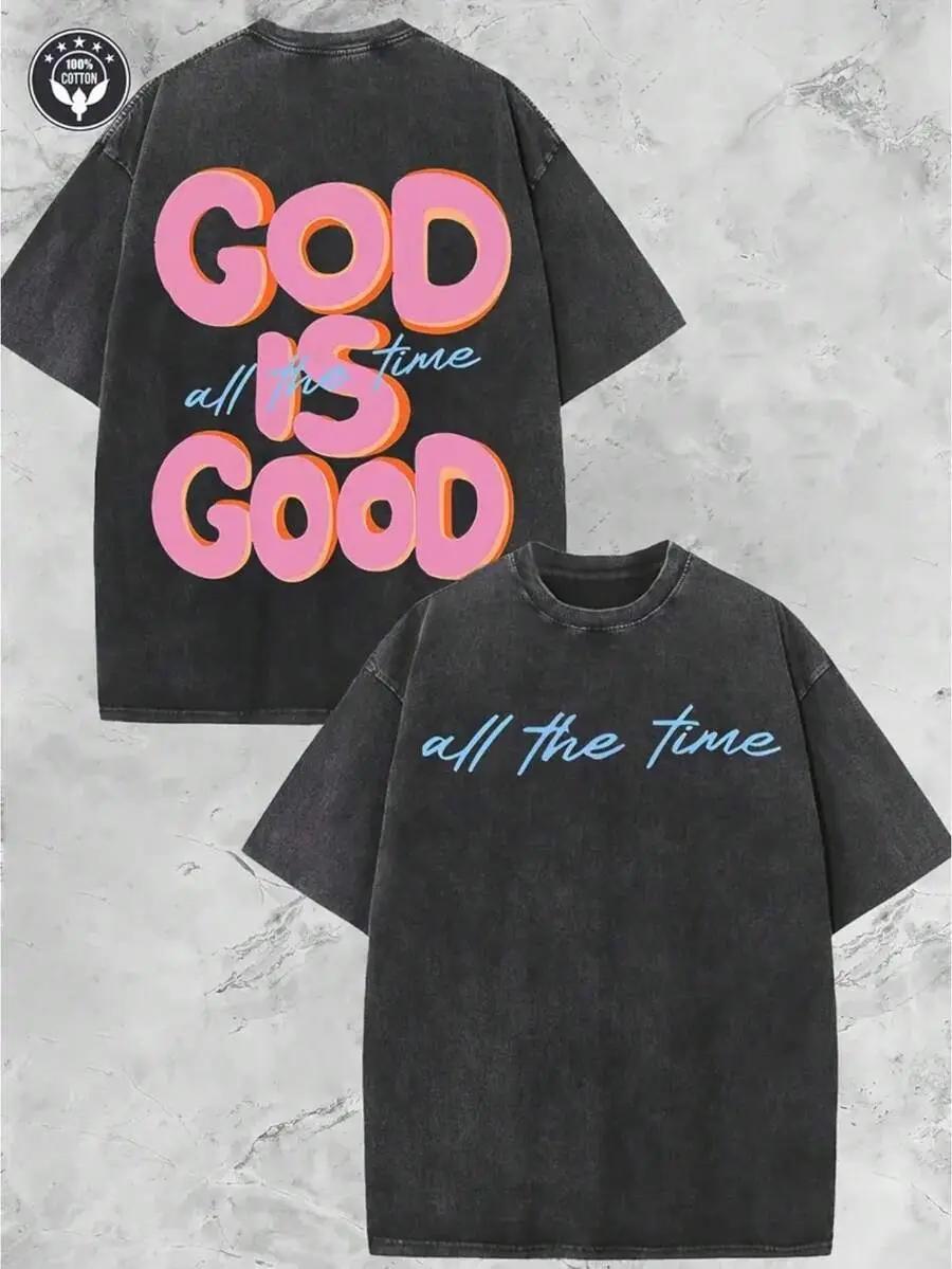 Vintage Christian T-Shirt, God Is Good All The Time Washed Black Cotton Oversized Short Sleeve Tee, Retro Faith Based Graphic Casual Crewneck Shirt for Believers