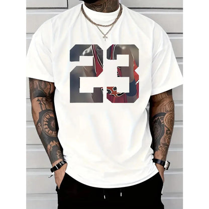 Men'S 23 Graphic Printed T-Shirt, Casual Short-Sleeved Round Neck T-Shirt, , Round Neck, Casual And Fashionable, Trendy And Versatile, Comfortable And Breathable, Machine Washable, Suitable For All Seasons Fabric Menswear Seamless Smooth