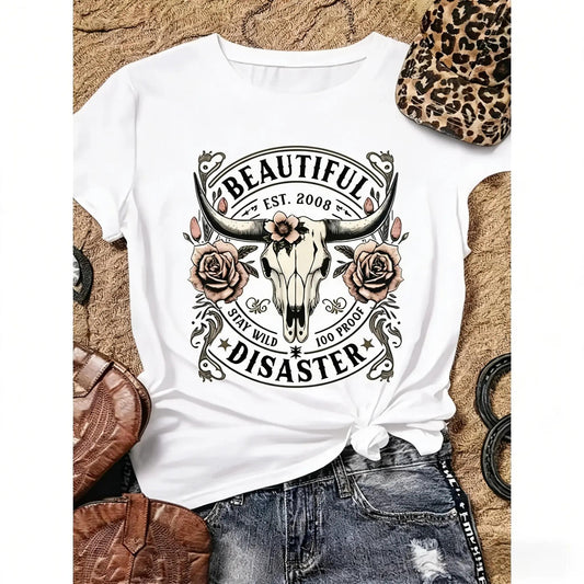 [100%25 Cotton] Women'S Western Cowboy Graphic T-Shirt - Black Short Sleeve Crew Neck Top With Bull Skull & Floral Design, "" Vintage 2008 Text, Casual Spring/Summer Tee For Outdoor & Casual Attire T-Shirt For Men And Women.oversized gym shirts