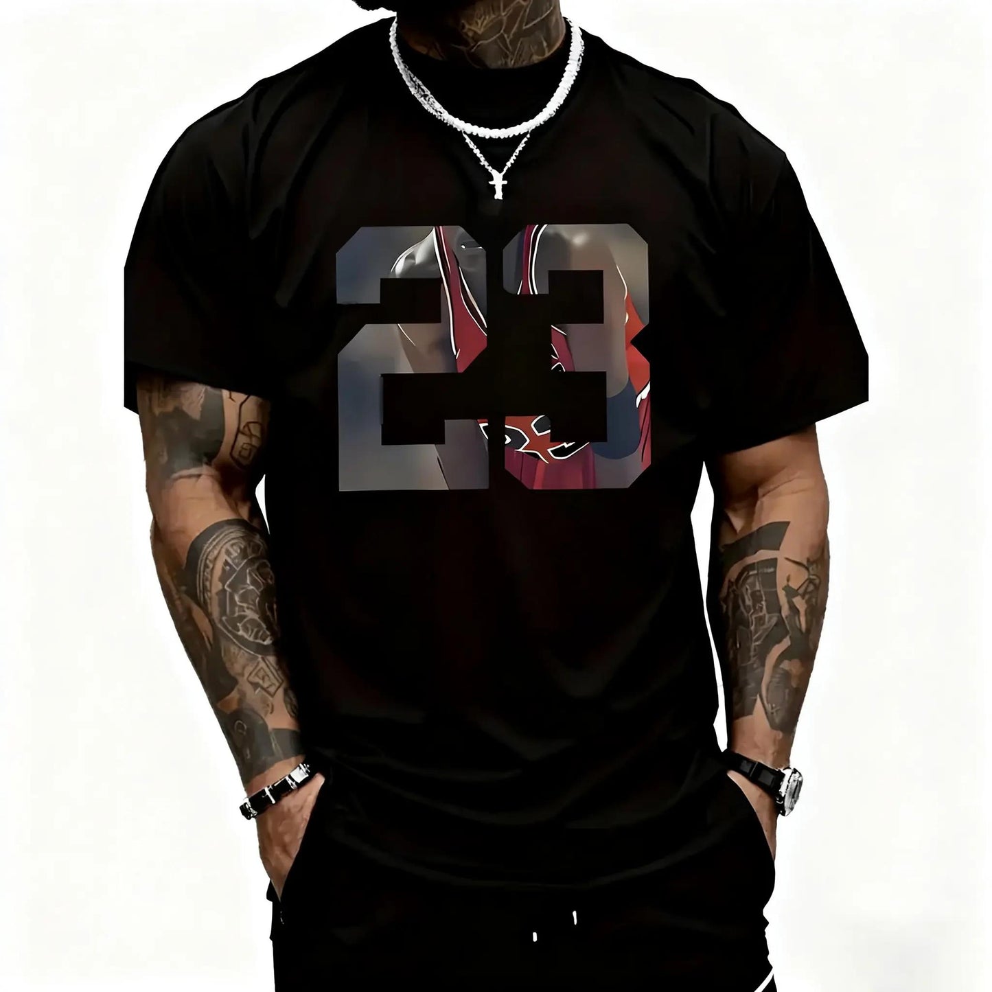 Men'S 23 Graphic Printed T-Shirt, Casual Short-Sleeved Round Neck T-Shirt, , Round Neck, Casual And Fashionable, Trendy And Versatile, Comfortable And Breathable, Machine Washable, Suitable For All Seasons Fabric Menswear Seamless Smooth