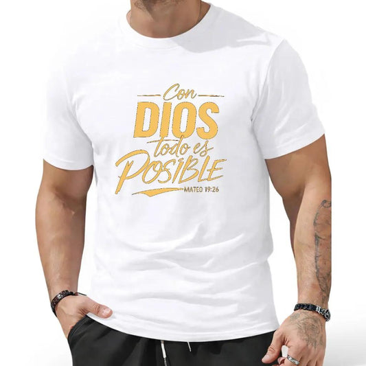 Men's 100%25 Cotton T-Shirt with "Con Dios Todo Es Posible" Spanish Quote & Matthew 26:11 Bible Verse - Comfortable Breathable Crew Neck Regular Fit Tee Unisex