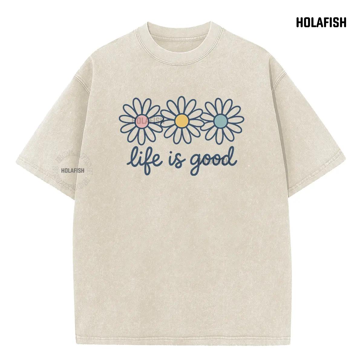 Holafish Upgraded Acid Wash Tee for Women Cotton Trendy Graphic T-Shirt Drop Shoulder Design for Vintage Streetwear Unisex Baggy Hip Hop Style Acid Washed Graphic Tee Mother's Day Gift