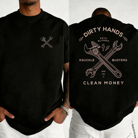 "Dirty Hands, Clean Money" wrench graphic t-shirt, workwear-style graphic print t-shirt, comfortable fabric short-sleeved top.