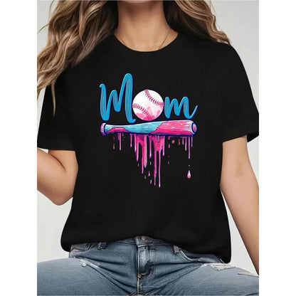 Cotton Short Sleeve T-Shirt Baseball Mom Graphic T-Shirt - 100%25 Casual Crew Neck with Baseball Bat & Pink Drip Design for Sports Moms Graphic tees, washed shirt, hoodie and sweatshirt