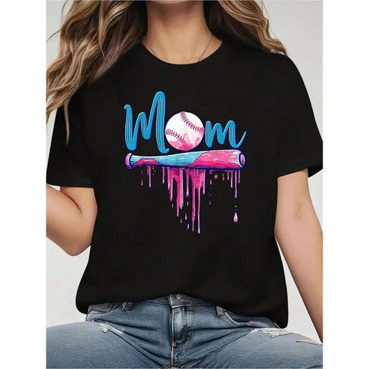 Cotton Short Sleeve T-Shirt Baseball Mom Graphic T-Shirt - 100%25 Casual Crew Neck with Baseball Bat & Pink Drip Design for Sports Moms Graphic tees, washed shirt, hoodie and sweatshirt