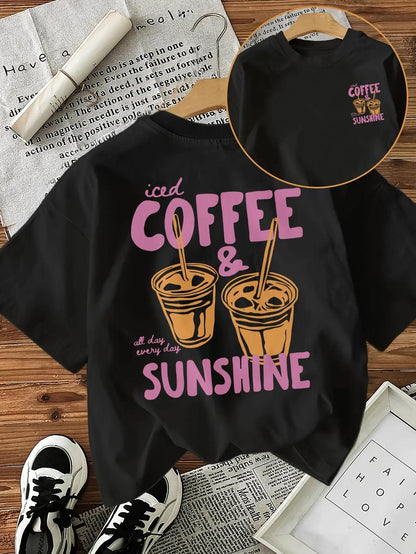 Women'S Casual Short-Sleeve T-Shirt - Iced Coffee And Sunshine Letter Print, a Perfect Gift for Coffee Lovers. Regular Fit Crew Neck Top, Suitable for All Seasons. (Women'S Clothing)