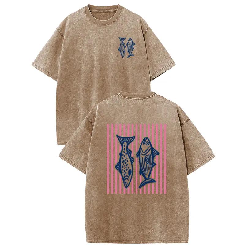 Holafish Heavyweight Cotton Crewneck Streetwear T‑Shirt, Retro Acid Wash Pink Striped Dual‑Side Fish Graphic Printed Unisex Fashion Tees summervibes Casual Top