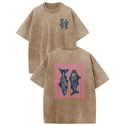Holafish Heavyweight Cotton Crewneck Streetwear T‑Shirt, Retro Acid Wash Pink Striped Dual‑Side Fish Graphic Printed Unisex Fashion Tees summervibes Casual Top