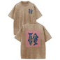 Holafish Heavyweight Cotton Crewneck Streetwear T‑Shirt, Retro Acid Wash Pink Striped Dual‑Side Fish Graphic Printed Unisex Fashion Tees summervibes Casual Top