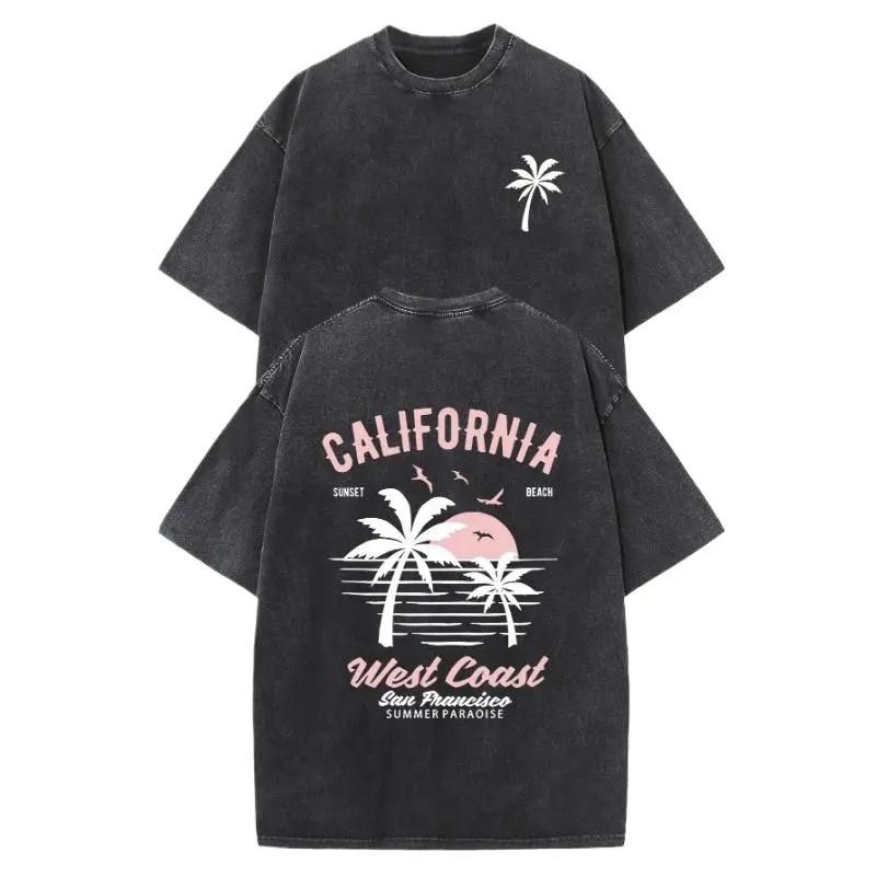 Men's Washed Cotton California Graphic T-Shirt Double Sided Retro Vintage with Palm Trees Surfboards, Loose Fit Unisex Short Sleeve Tee Men Gifts