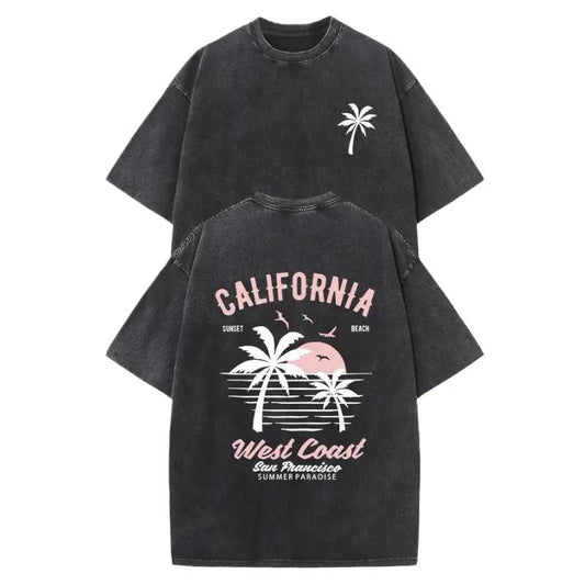 Men's Washed Cotton California Graphic T-Shirt Double Sided Retro Vintage with Palm Trees Surfboards, Loose Fit Unisex Short Sleeve Tee Men Gifts