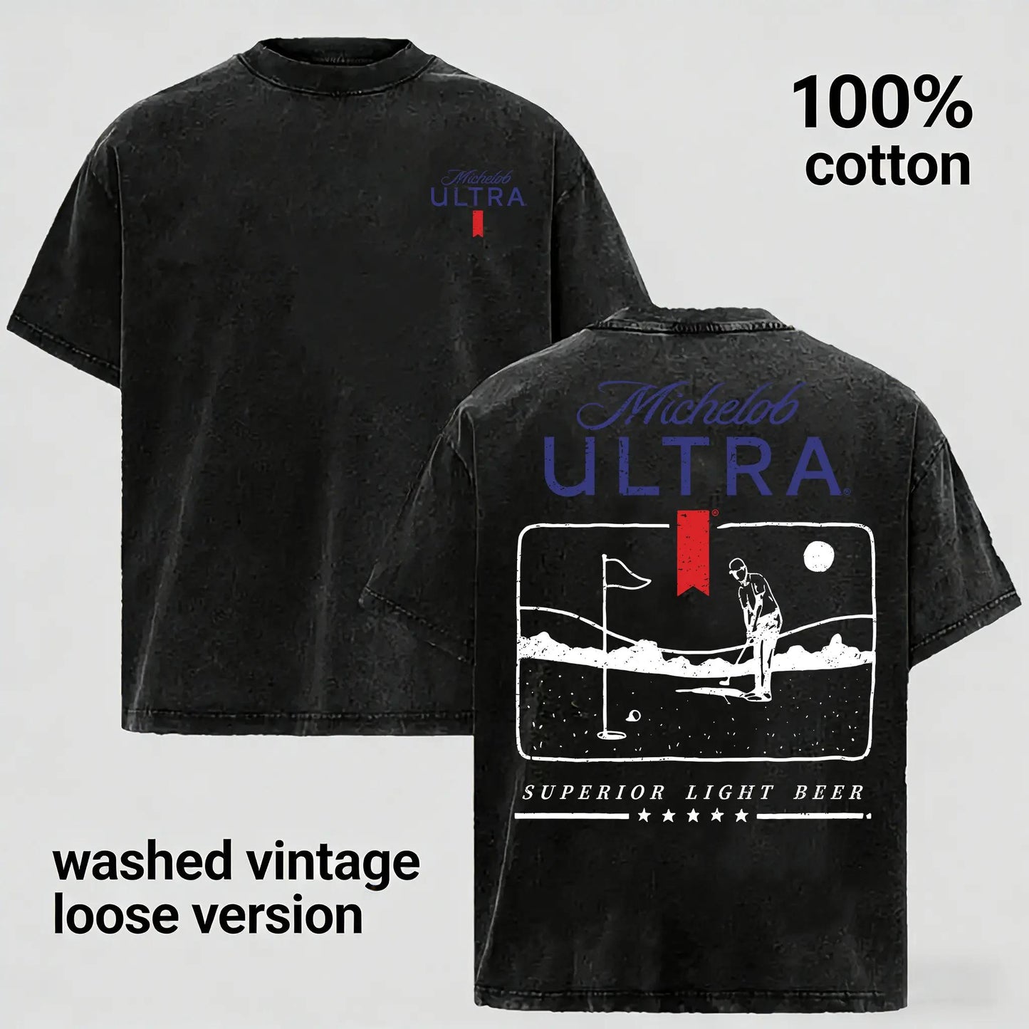 Golf Retro Washed  Cotton T-Shirt for Men, Loose Crew Neck, Casual Breathable, Michelob Ultra Golf Design,Suitable For Street Retro And Outdoor Sports And Leisure, Everyday Outfit