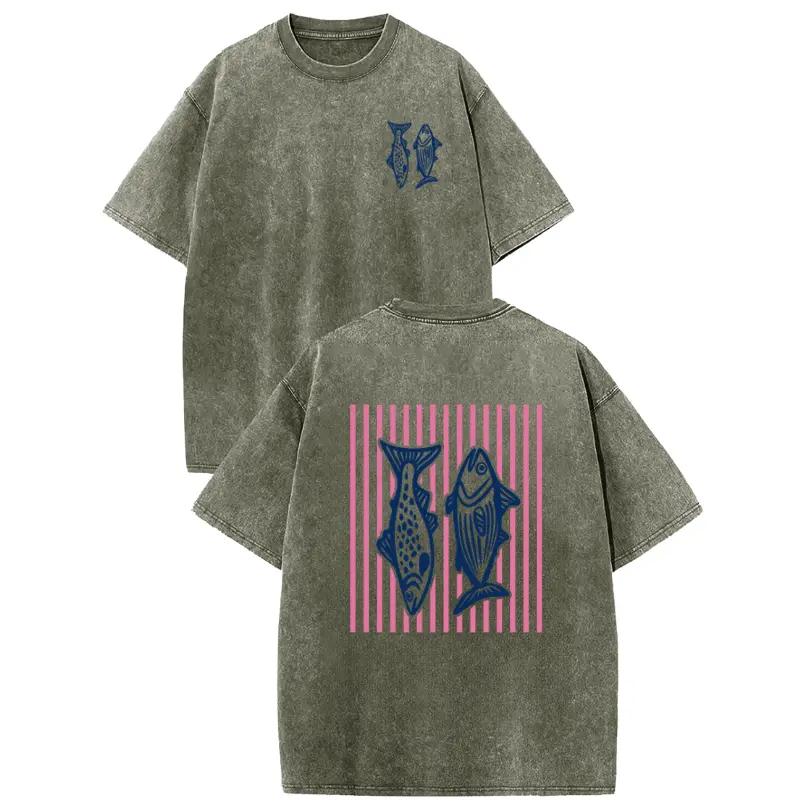 Holafish Heavyweight Cotton Crewneck Streetwear T‑Shirt, Retro Acid Wash Pink Striped Dual‑Side Fish Graphic Printed Unisex Fashion Tees summervibes Casual Top