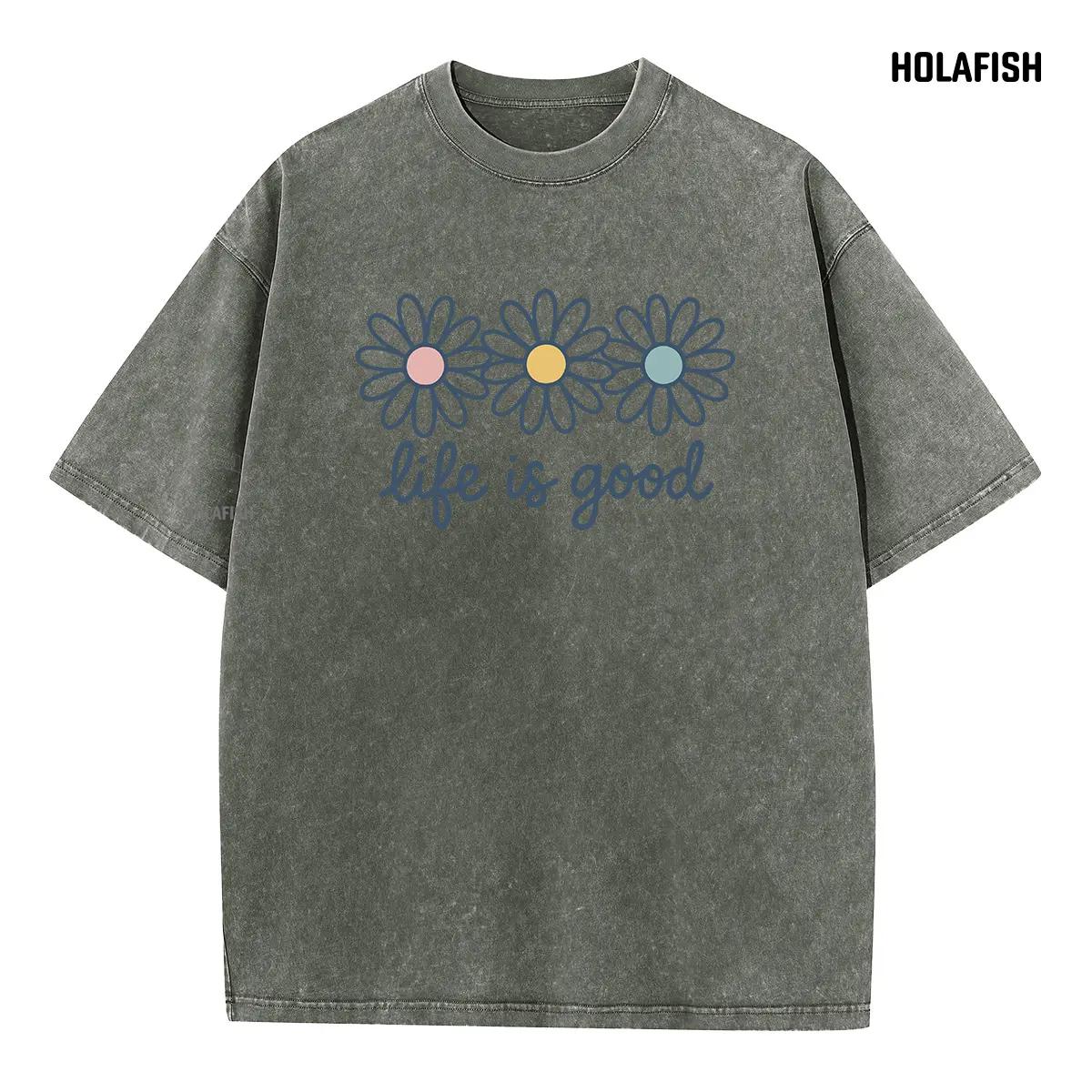 Holafish Upgraded Acid Wash Tee for Women Cotton Trendy Graphic T-Shirt Drop Shoulder Design for Vintage Streetwear Unisex Baggy Hip Hop Style Acid Washed Graphic Tee Mother's Day Gift