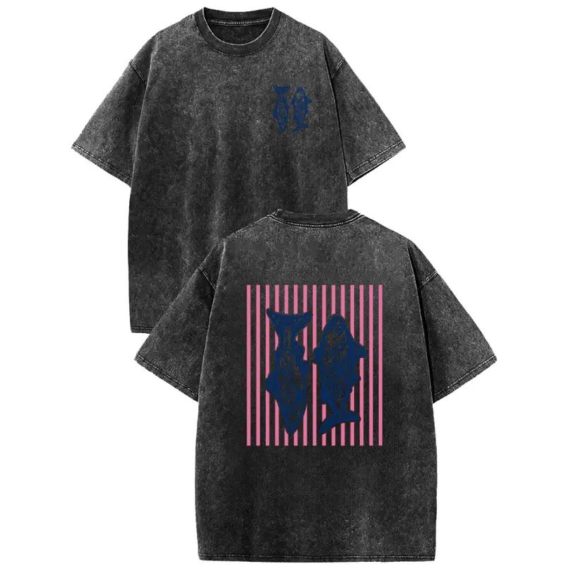 Holafish Heavyweight Cotton Crewneck Streetwear T‑Shirt, Retro Acid Wash Pink Striped Dual‑Side Fish Graphic Printed Unisex Fashion Tees summervibes Casual Top