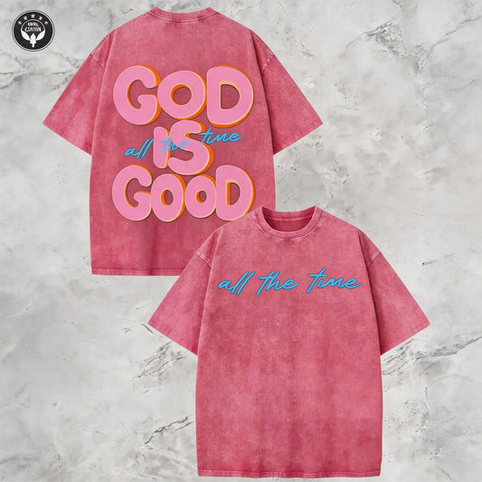 Vintage Christian T-Shirt, God Is Good All The Time Washed Black Cotton Oversized Short Sleeve Tee, Retro Faith Based Graphic Casual Crewneck Shirt for Believers
