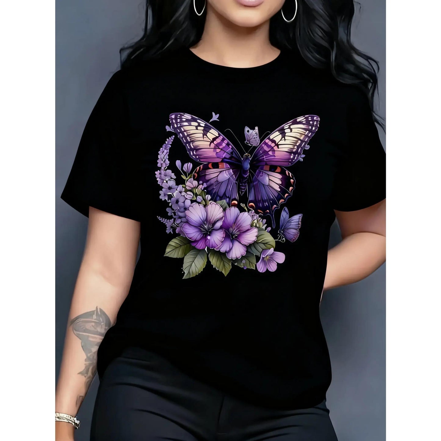 100%25 Cotton Women's Turquoise Blue Butterfly and Lilac Flower Print Short Sleeve Round Neck Casual Top - Machine Washable, Comfortable for All Seasons, Suitable for Daily Wear and Garden Parties - Multiple Colors Available, Lightweight Base Shirt, Tren