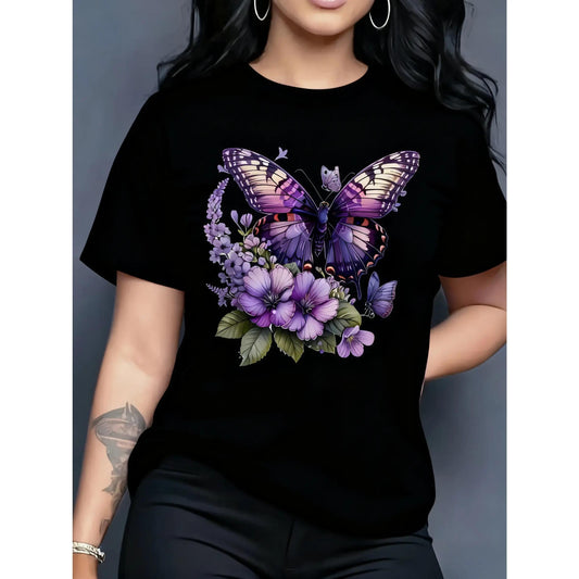 100%25 Cotton Women's Turquoise Blue Butterfly and Lilac Flower Print Short Sleeve Round Neck Casual Top - Machine Washable, Comfortable for All Seasons, Suitable for Daily Wear and Garden Parties - Multiple Colors Available, Lightweight Base Shirt, Tren