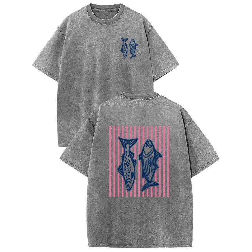 Holafish Heavyweight Cotton Crewneck Streetwear T‑Shirt, Retro Acid Wash Pink Striped Dual‑Side Fish Graphic Printed Unisex Fashion Tees summervibes Casual Top