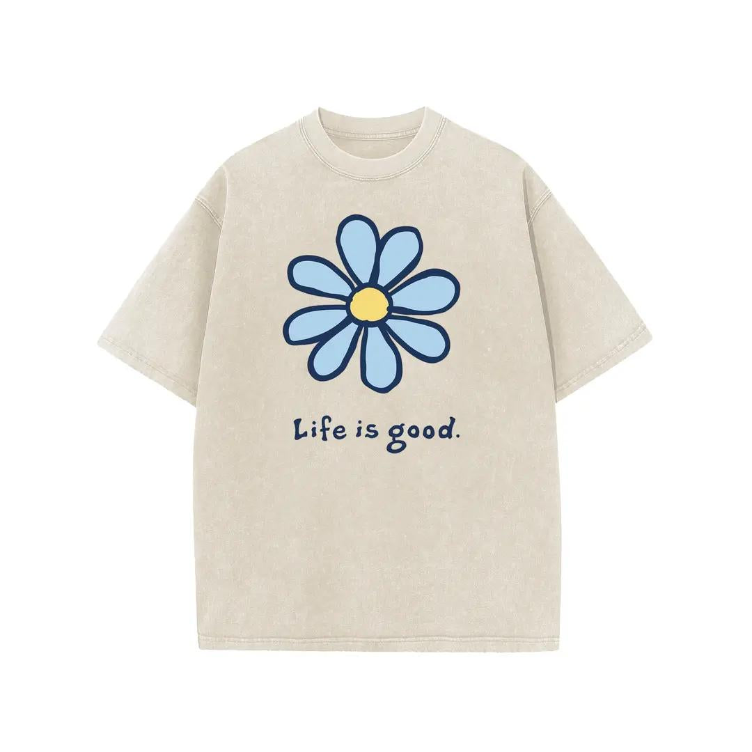 Holafish Womens Daisy, Life Print Graphic Tee, Acid Washed T-Shirt with Drop Shoulder Design, Unisex Baggy Hip Hop Vintage Streetwear Style, Mothers Day Gift