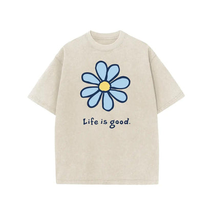 Holafish Womens Daisy, Life Print Graphic Tee, Acid Washed T-Shirt with Drop Shoulder Design, Unisex Baggy Hip Hop Vintage Streetwear Style, Mothers Day Gift
