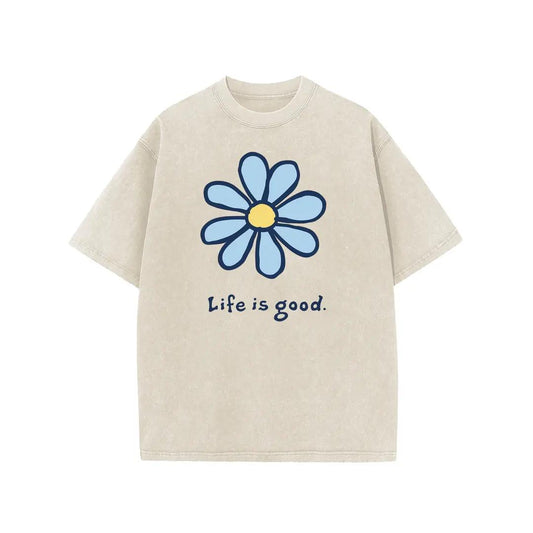 Holafish Womens Daisy, Life Print Graphic Tee, Acid Washed T-Shirt with Drop Shoulder Design, Unisex Baggy Hip Hop Vintage Streetwear Style, Mothers Day Gift