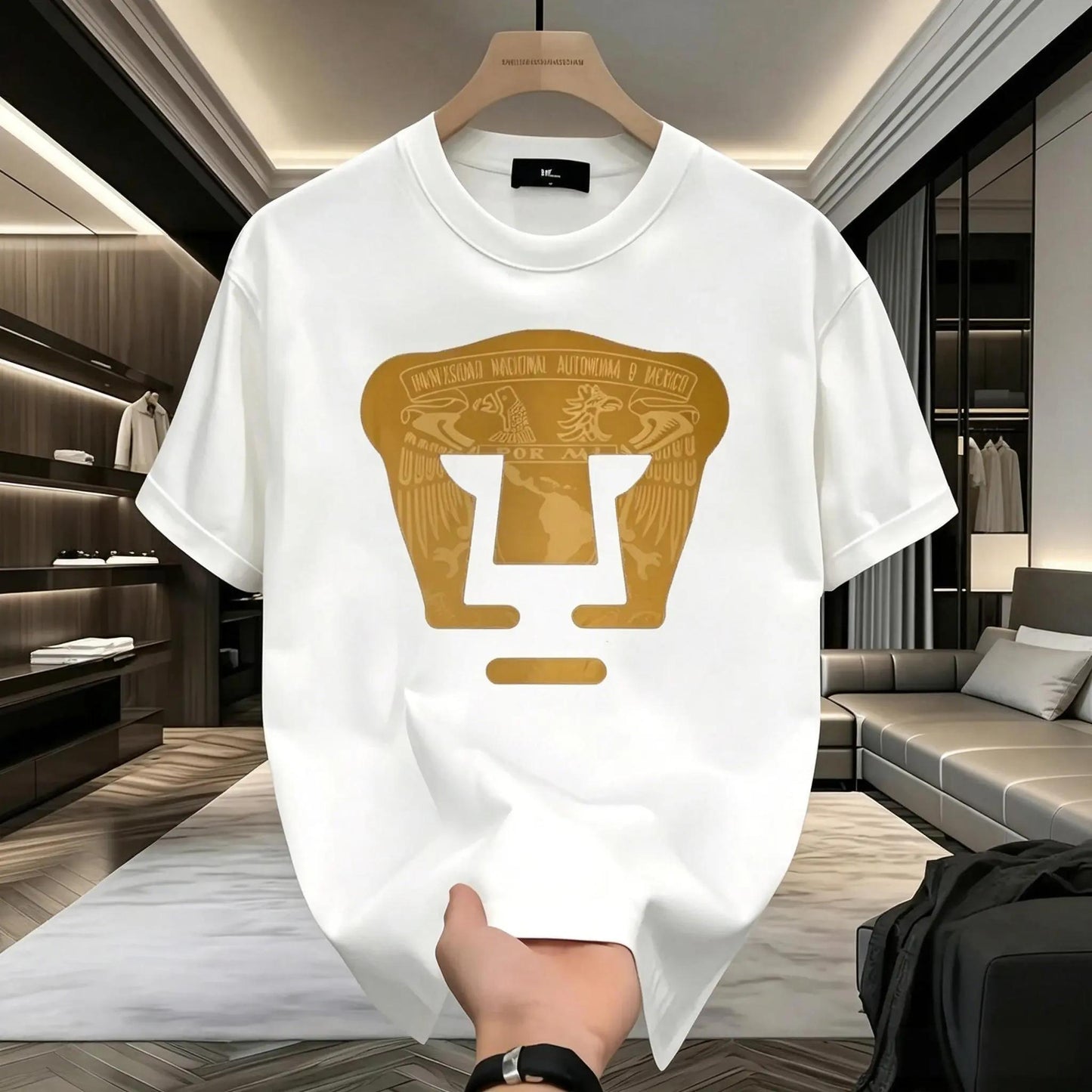LIGA MX PUMAS UNAM Football Club 100%25 Cotton High-Quality Sweatshirt Black Pullover Stretch Menswear Tops Crewneck Short Sleeve T-Shirt with Gold Emblem and Text for Casual Wear