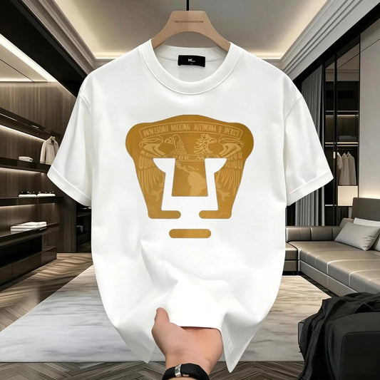 LIGA MX PUMAS UNAM Football Club 100%25 Cotton High-Quality Sweatshirt Black Pullover Stretch Menswear Tops Crewneck Short Sleeve T-Shirt with Gold Emblem and Text for Casual Wear