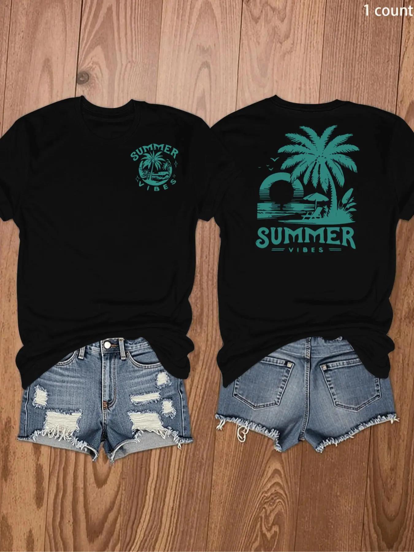Women's Letter & Palm Tree Print Round Neck Tee, Casual Short Sleeve Crew Neck T-Shirt for Daily Wear, Ladies Sportswear for All Seasons, Summer Top