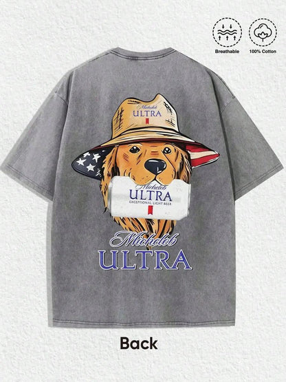 "Michelob Ultra - American Dog" Vintage Graphic Tee: Washed Shirt (Available In Gray/Dark Gray) With "Michelob Ultra" Logo (Front), Back Art Of Dog In American Flag Hat Holding Michelob Ultra Beer. Made Of 100%25 Breathable Cotton