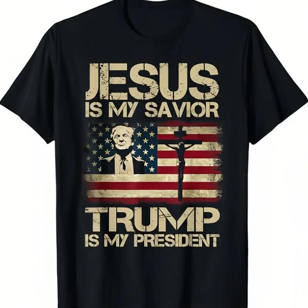 Jesus is My Savior, Trump is My President, Trump 2024 USA Flag T-Shirt, printed in the USA Campaign Tee Classic