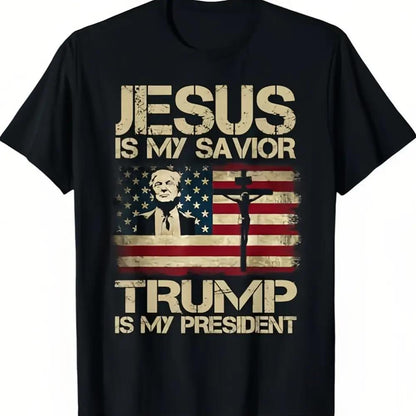 Jesus is My Savior, Trump is My President, Trump 2024 USA Flag T-Shirt, printed in the USA Campaign Tee Classic