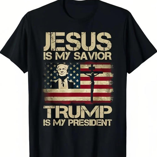 Jesus is My Savior, Trump is My President, Trump 2024 USA Flag T-Shirt, printed in the USA Campaign Tee Classic