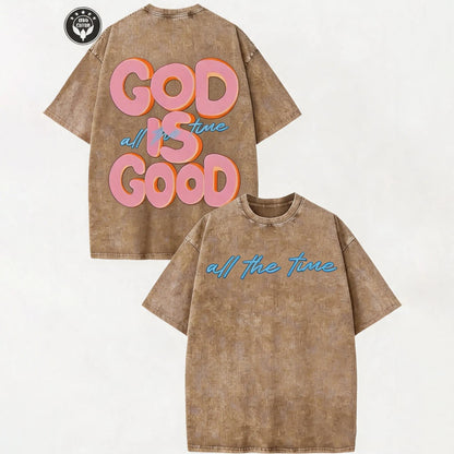 Vintage Christian T-Shirt, God Is Good All The Time Washed Black Cotton Oversized Short Sleeve Tee, Retro Faith Based Graphic Casual Crewneck Shirt for Believers