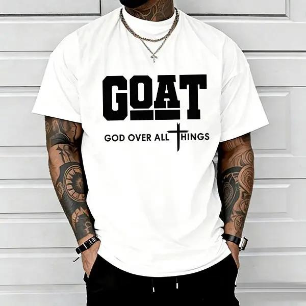 GOAT (God Over All) graphic T-shirt for men, 100%25 pure cotton, loose street-style short sleeves—trendy Christian casual top, best-selling faith urban fashion style., Shortsleeve, Menswear, Tshirt, Round Neck tiktokshopspringglowup