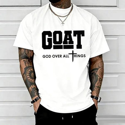 GOAT (God Over All) graphic T-shirt for men, 100%25 pure cotton, loose street-style short sleeves—trendy Christian casual top, best-selling faith urban fashion style., Shortsleeve, Menswear, Tshirt, Round Neck tiktokshopspringglowup
