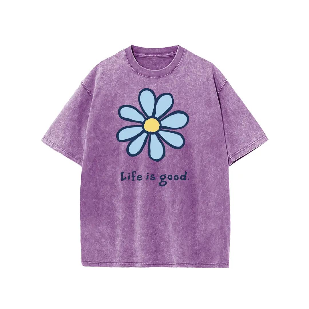 Holafish Womens Daisy, Life Print Graphic Tee, Acid Washed T-Shirt with Drop Shoulder Design, Unisex Baggy Hip Hop Vintage Streetwear Style, Mothers Day Gift