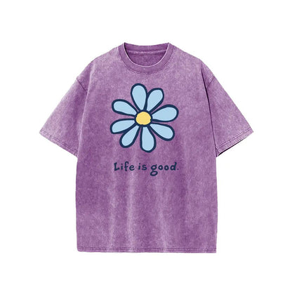 Holafish Womens Daisy, Life Print Graphic Tee, Acid Washed T-Shirt with Drop Shoulder Design, Unisex Baggy Hip Hop Vintage Streetwear Style, Mothers Day Gift