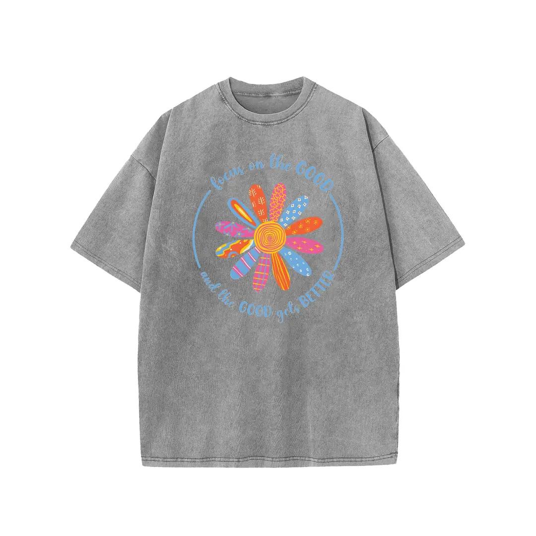 Holafish Flower Print T-Shirt, Unisex Heavy-Weight Cotton Acid Washed Graphic Short Sleeve Casual Tee for Streetwear, Weekend Wear and Everyday Style