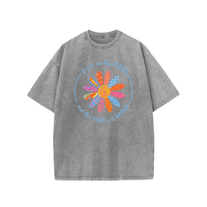 Holafish Flower Print T-Shirt, Unisex Heavy-Weight Cotton Acid Washed Graphic Short Sleeve Casual Tee for Streetwear, Weekend Wear and Everyday Style