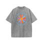Holafish Flower Print T-Shirt, Unisex Heavy-Weight Cotton Acid Washed Graphic Short Sleeve Casual Tee for Streetwear, Weekend Wear and Everyday Style