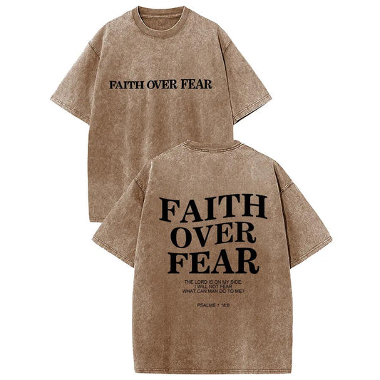 Holafish FAITH OVER FEAR Men's 230 High-quality Cotton Vintage Trendy Brand T-shirt,Short Sleeved Round Neck T-shirt,Acid Wash Summer Basic Tees Casual Menswear Soft Top Classic Fabric
