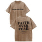 Holafish FAITH OVER FEAR Men's 230 High-quality Cotton Vintage Trendy Brand T-shirt,Short Sleeved Round Neck T-shirt,Acid Wash Summer Basic Tees Casual Menswear Soft Top Classic Fabric