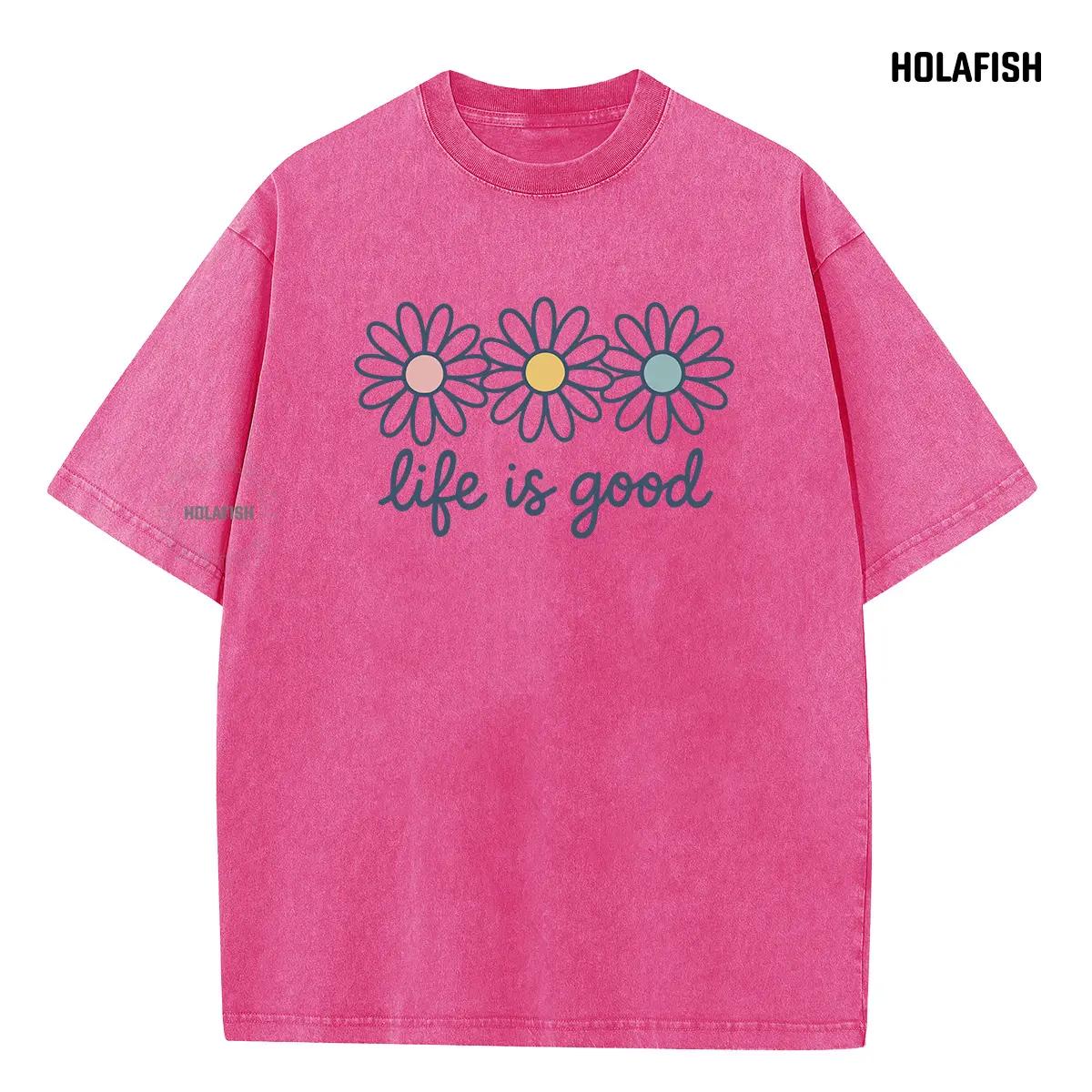 Holafish Upgraded Acid Wash Tee for Women Cotton Trendy Graphic T-Shirt Drop Shoulder Design for Vintage Streetwear Unisex Baggy Hip Hop Style Acid Washed Graphic Tee Mother's Day Gift