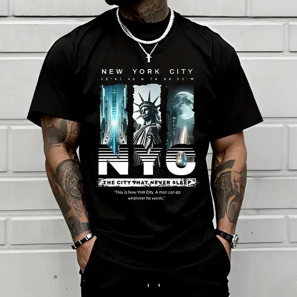 Mens NYC Eternal City printed T-shirt, New York street-style short sleeve, Statue of Liberty themed casual top. tiktokshopspringglowup